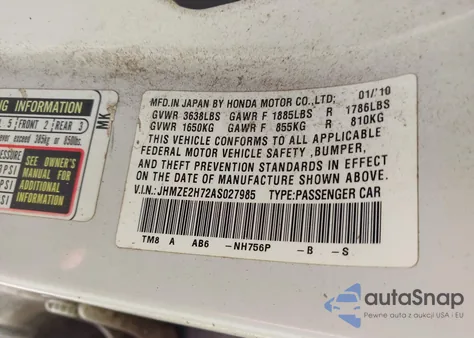 2010 Honda Insight Ex из США, поврежденный, VIN JHMZE2H72AS027985